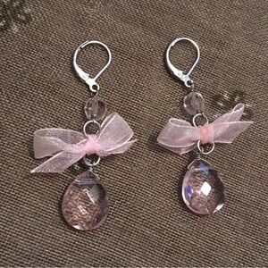 Vintage Pink Bow Beaded Dangle Earrings